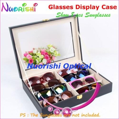 Black Leather Eyewear Glasses Sunglass Eyeglass Display Sample Case Box With Clear Cover For 8pcs Glasses A632C-8S Free Shipping