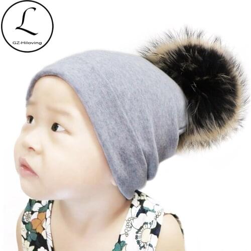 GZHILOVINGL 5 Months-2.5 Years Baby Girls Boys Toddler Winter Warm Cotton Knit Beanie Hat Autumn Kids Big Real Fur Pom Pom Hats