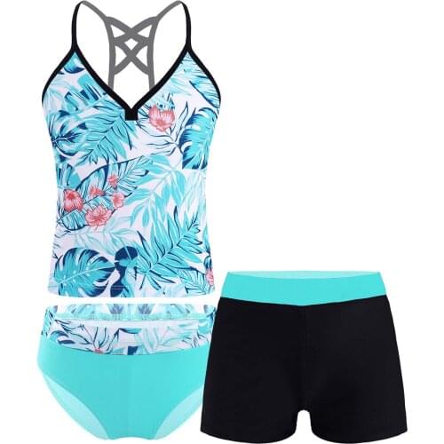Kids Girls Childrens Swimwear Two Piece Tankini Floral Printed Swimwear Bathing Suit Set Tops with Bottoms Shorts Bikini