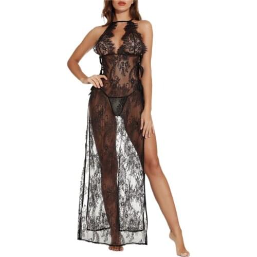 Hot Sale Fashion Women’s Erotic Long Sleeping Dress Fashion Solid Color Perspective Lace Nightgown Low Waist Thong wholesale