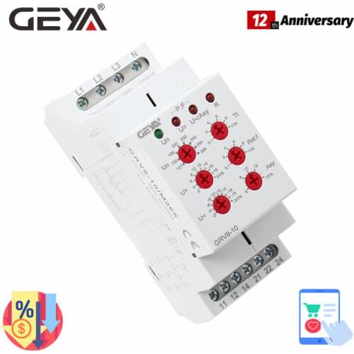 GRV8-10 Din Rail 3 Phase Voltage Monitoring Relay with Reset Time 0.1s-10s Voltage Relay 36mm Width