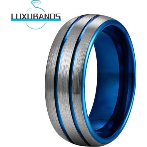 8MM Tungsten Carbide Rings For Men Wemen Engagement Dome Bands Blue Trisection Two Grooved Brushed Finished Comfort Fit