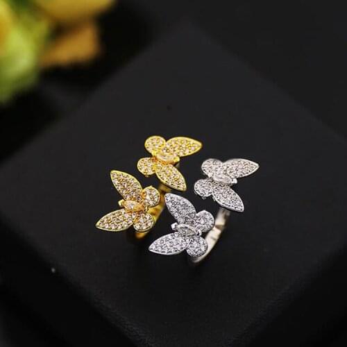 AAA Quality Fashion Adjustable Free Ring Micro Pave Premium Zircon Crystals Butterfly Rings Wedding Luxury Jewelry for Women
