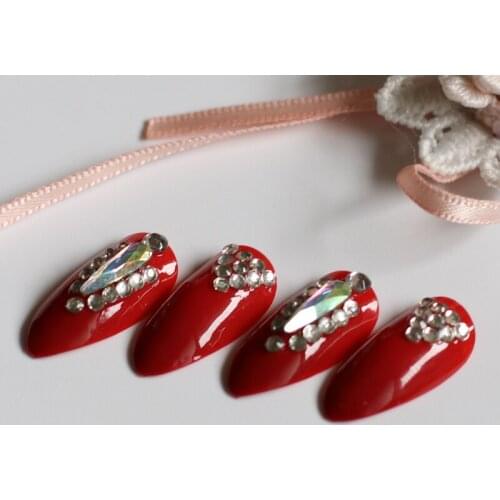 24pcs Fashion full diamond crystal diamond stiletto high candy color handmade fake nails dark red M002