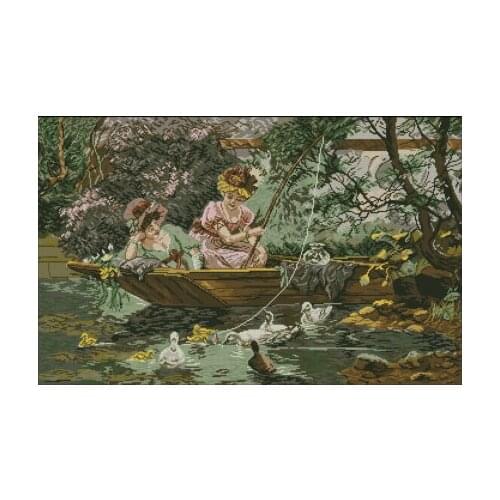 Boat River Fishing Lady Beauty Top Quality Embroidery Needlework 14CT Unprinted Cross Stitch Kits DIY Art Handmade Home Decor