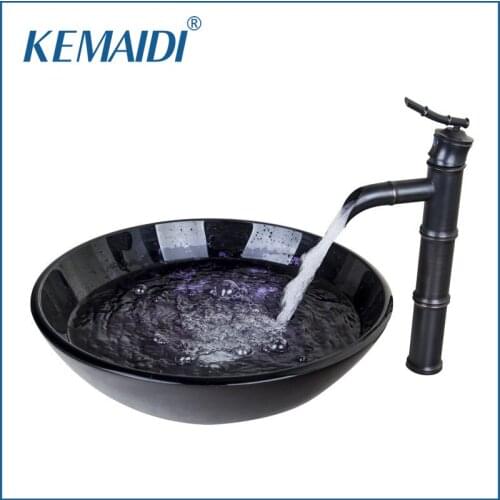 KEMAIDI Purple Round Tempered Glass Vessel Sink With Oil Rubbed Bronze Faucet Mixer Tap Glass Sink Set With Pop Up Drain