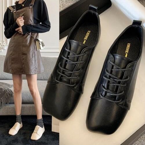 New Oxford Shoes For Women Solid Black Leather Shoes Woman Lace Up Shoes Ladies Shoes Low Heels Platform Shoes Plus Size Flats