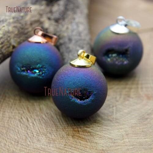New Design Rainbow Titanium Electroplated Round Bead Pendant Druzy Agates Gold Silver Bail Charms Approx 20 mm PM10157