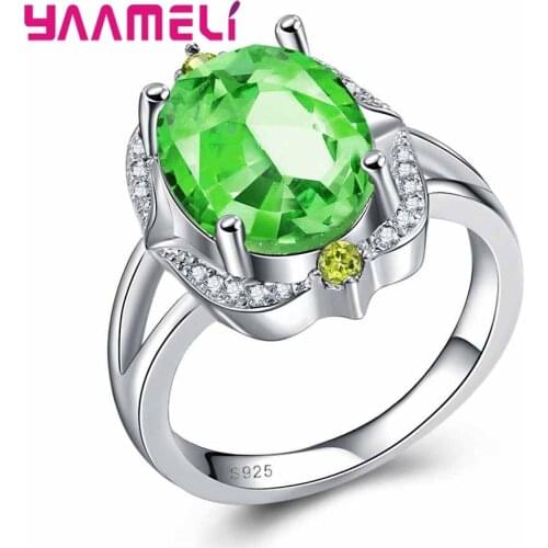 Charming Shiny Green CZ Cubic Zircon Filled Anillos Finger Ring Bridal Wedding 925 Sterling Silver Jewelry for Lady