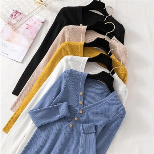 Autumn and Winter Womens Sweaters Fashion V Neck Buttons Solid Color Casual Woman Sweaters Knitted Slim Fit Lady Sweaters