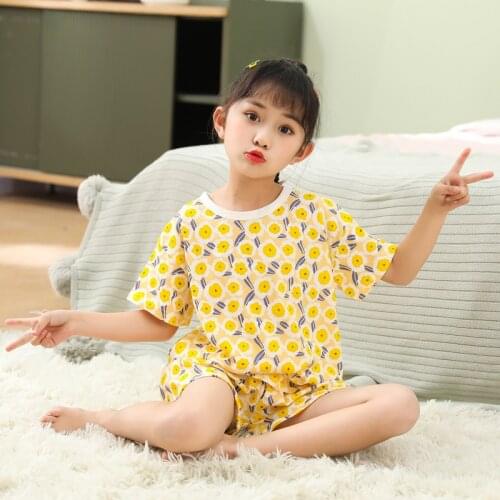 2-10 Years 2021 New Summer Kids Pajamas Set Short Sleeves Sleepwear For Girl Cotton Pyjamas Mesh Childrens Cothes Nightwear