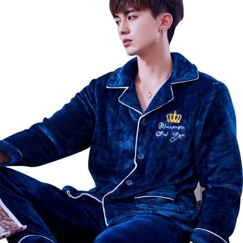 H5886 Men Pajamas Set Thickened Flannel Youth Autumn Winter Sleepwear Suit Long Sleeve Coral Fleece Middle-aged Home Clothes