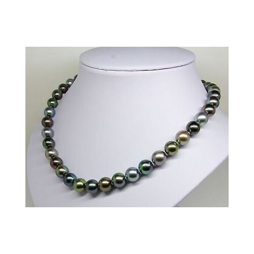 18"9-10mm Tahitian genuine black peacock green multicolor round pearl necklace