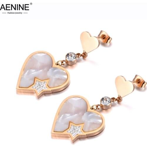 AENINE Titanium Stainless Steel Love Heart Dangle Earrings For Women Girls Fashion CZ Crystal Shell Star Party Earrings AE19182