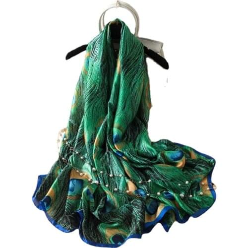Visual Axles Designer Silk Scarf Women Print Peacock Feathers Shawls and Wraps Luxury Brand Foulard