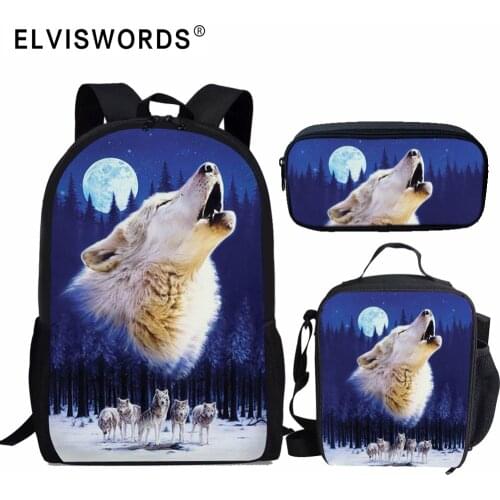 ELVISWORDS Cool Moon Wolf Print School Bags 3Pcs/Set Travel Rucksack For Teenager Boys Girls Orthopedic School Backpack Mochilas