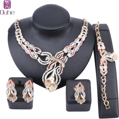 Bridal Dubai Gold Color Crystal Necklace Bracelet Earring Ring Nigerian Wedding Party Women Fashion Jewelry Set