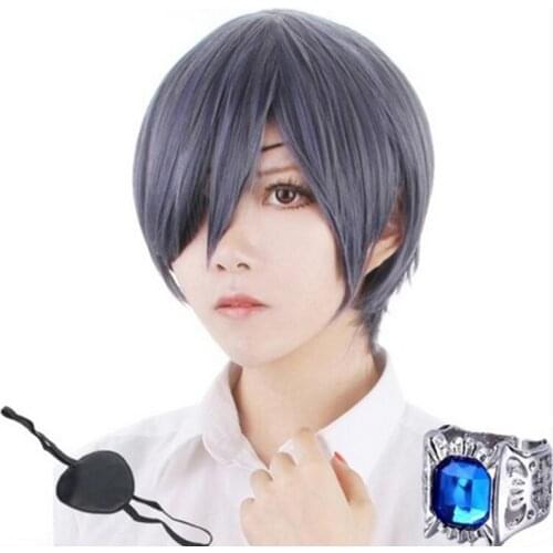 Black Butler Kuroshitsuji Ciel Phantomhive Short Mixed Gray Blue Heat Resistant Cosplay Costume Wig + Eyepatch Eye Patch + Ring