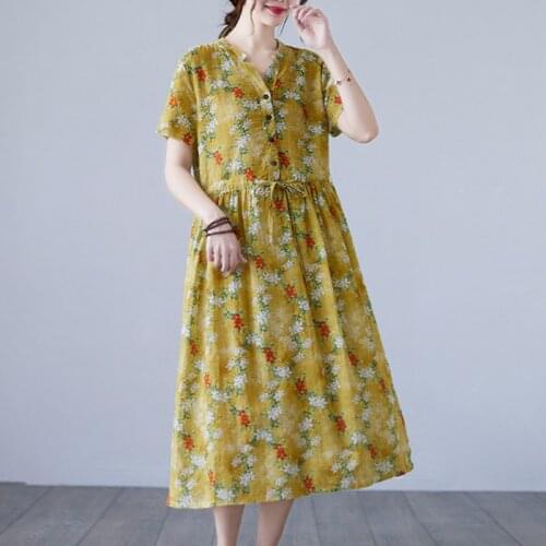 Cotton Linen Vintage Floral Dress 2021 New Thin Soft Loose Women Summer Casual Midi Dress Draw String Office Lady OL Work Dress