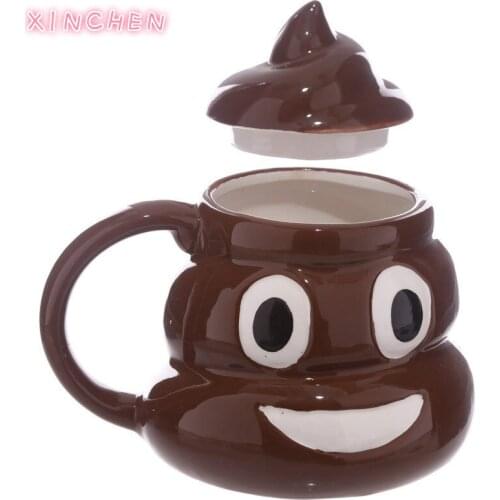 Funny Poop Coffee Cups and Mugs Cartoon Smile Coffee Milk Mug Porcelain Water Cup with Handgrip Lid Tea Cup Office Drinkware