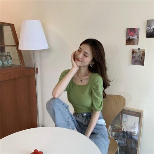 Women TShirts Puff Sleeve Top Women Top Women 2020 Summer Retro Square Neck Sexy T-Shirt Slim and Thin Clavicle Square Neck Top