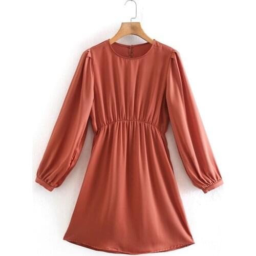 KONDALA Women Za Fashion 2021 Vintage Silk texture o-neck solid mini Dress Long Sleeve Mujer Vestidos