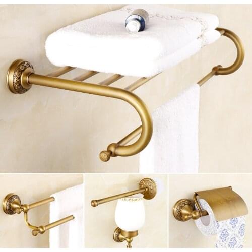 AUSWIND European Classical bathroom accessories soild brass brush carving towel shelf wall mount bathroom hardware set