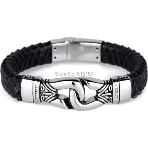 8.86" 12.5mm High Quality 100% Genuine Black Leather and Stainless Steel Bracelets 2014 New Gothic Mens Jewellery