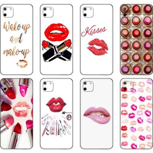 Black tpu Case For OPPO Realme C11 C20 C21 Case Back Cover Bumper Sexy Lips Makeup Cosmetics Lipstick Powder