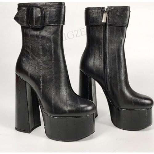 DOBANER Women Ankle Boots Real Leather 14.5CM Chunky Heels Booties Handmade Black Side Zip Ladies Shoes Woman Size 37 38 39 41