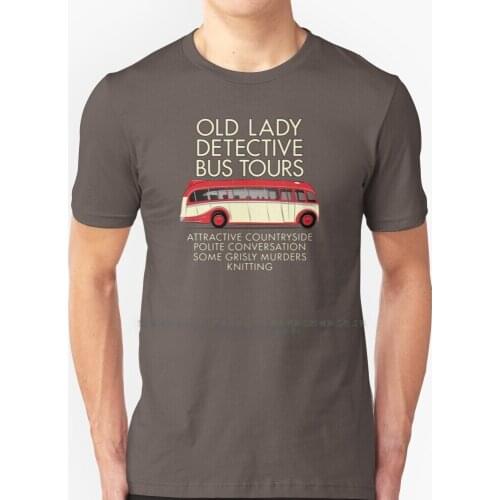 Old Lady Detective Bus Tours T Shirt 100% Pure Cotton Big Size Bus Miss Marple Agatha Christie Christie Poirot Murder
