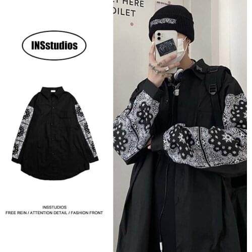 Insstudios fashion inschao hip hop cashew blossom stitching patch bag tooling long sleeve shirt for men and women imported-china