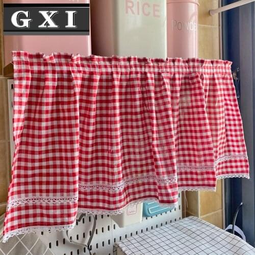 Red Lattice Short Curtains For The Study Half Tulle Curtain Lace Garden Small Floating for Window Kitchen Curtain