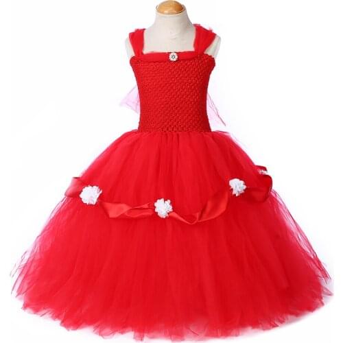 Red Princess Tutu Dress Ankle-Length Girl Kids Birthday Party Dress Child Tulle Flower Girl Dresses for Weddings Pageant Gown
