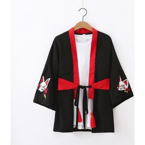 #5001 Summer Black Batwing Sleeve Japan Style Long Kimono Blouse Women Plus Size With Belt Embroidery Animal Harajuku Kimono
