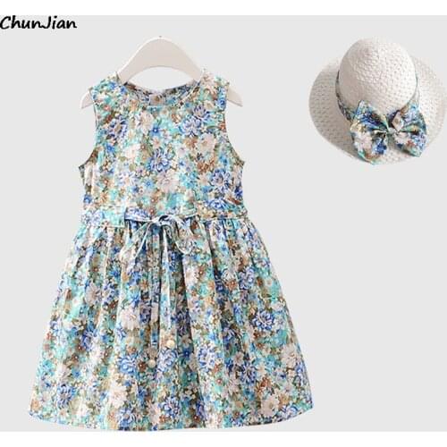 Summer Dress+Floral Hat 2pcs/Set Girls Clothes Sleeveless Cotton Kids Dresses Princess Summer Girls Dress for ages 2 3 4 5 6 7Yr