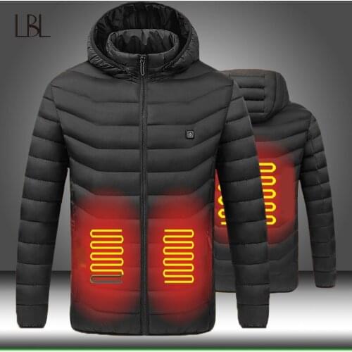 Men Heated Jackets USB Winter Warm Parka Outdoor Electric Heating Cotton Jacket Male Hooded Coat Clothing Zipper Thermal Outwear