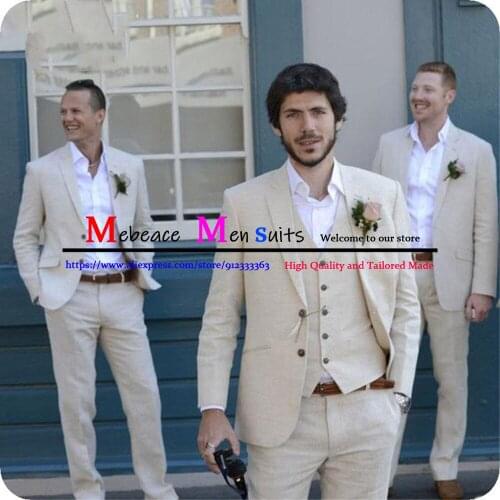 Beige Men Suits Casual Business Single Breasted Groom Tuxedo Men Peaked Lapel Wedding Formal Blazer 2 Pieces (Jacket+Pants)