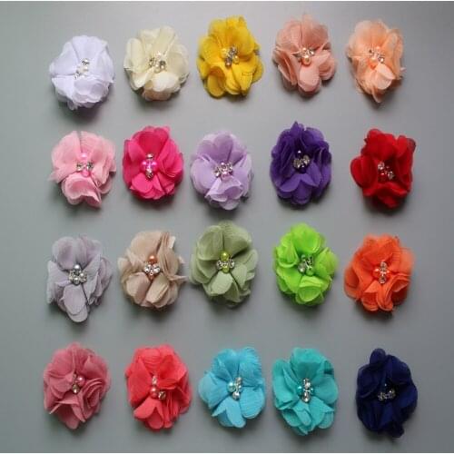 New Baby Hair Product DIY 2'' Mini Chiffon Flowers With Pearl Rhinestone Children Accessories 200PCS/LOT Free Shipping