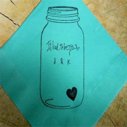 Personalized Cocktail Napkins Rustic It Had to be You Mint Teal Wedding Paper With Mason Jar Tiny Heart and Couples Initials
