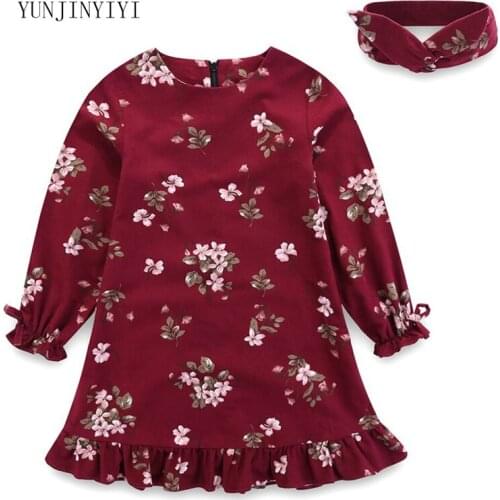 Girls Floral Printed Dress Fashion Ruffles Hem and Sleeve Back Zipper Dresses 2018 Spring Kids Dress with Head Wear