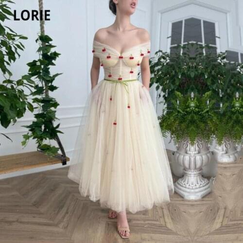 LORIE New Prom Gowns V-Neck Light Champagne with Red Cherry Tulle A-Line Arabic Evening Dress Wedding Party Dress for Graduation
