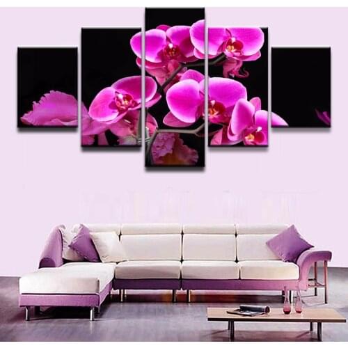 Modern Home Decor For Living Room 5 Pieces Pink Orchid Flower Paintings Modular Prints Posters Framework