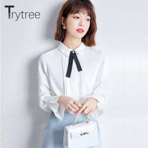 Trytree 2021 Spring Women Blouse Casual Turn-down Collar Bow Butterfly Sleeve Single Breasted Shirts Office Lady Tops For Women