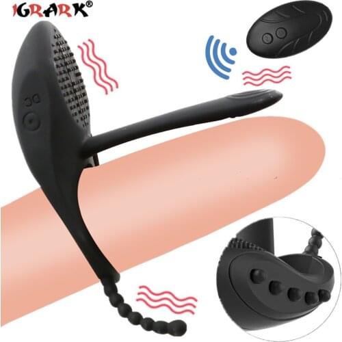 Vibrating Penis Ring Wireless Cockring Vibrator Dick Erection Delay Ejaculation Sex Toys For Men Penis Trainer Anal Plug Beads