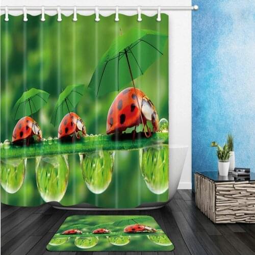 Funny Ladybug Shower Curtains Set Spring Scenery Green Umbrella Bathroom Decor Home Bath Bathtub Curtain and Flannel Mat Carpet