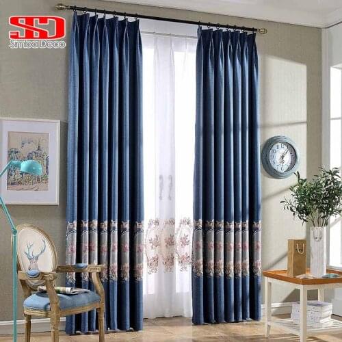 Classical Flower Blackout Curtains For Living Room European Style Embroidered Faux Linen Navy Drapes Window Curtain For Bedroom