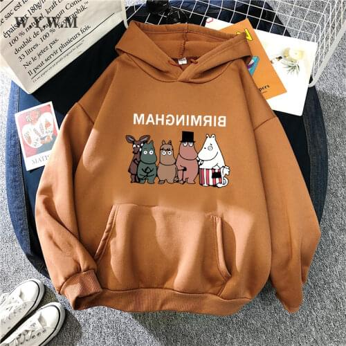 WYWM Cartoon Printed Hoodies Women Thicken Fleece Sweatshirts Womens Long Sleeve Oversized Pullover Khaki Brown Harajuku Tops