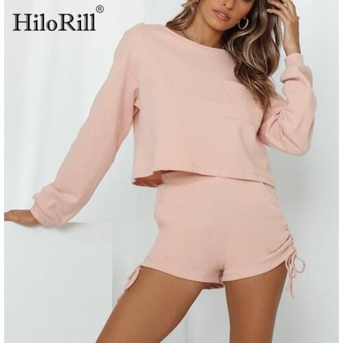 HiloRill Tracksuit Women 2 Piece Set Home Style 2021 Casual Long Sleeve Crop Top Set Fashion Drawstring Shorts Sport Outfit