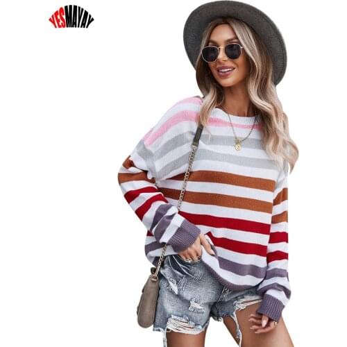 Striped Sweater Woman 2021 Long Sleeve Knitted Top Femme O-neck Pullover Women Autumn Winter Casual Loose Sweater Mujer Invierno